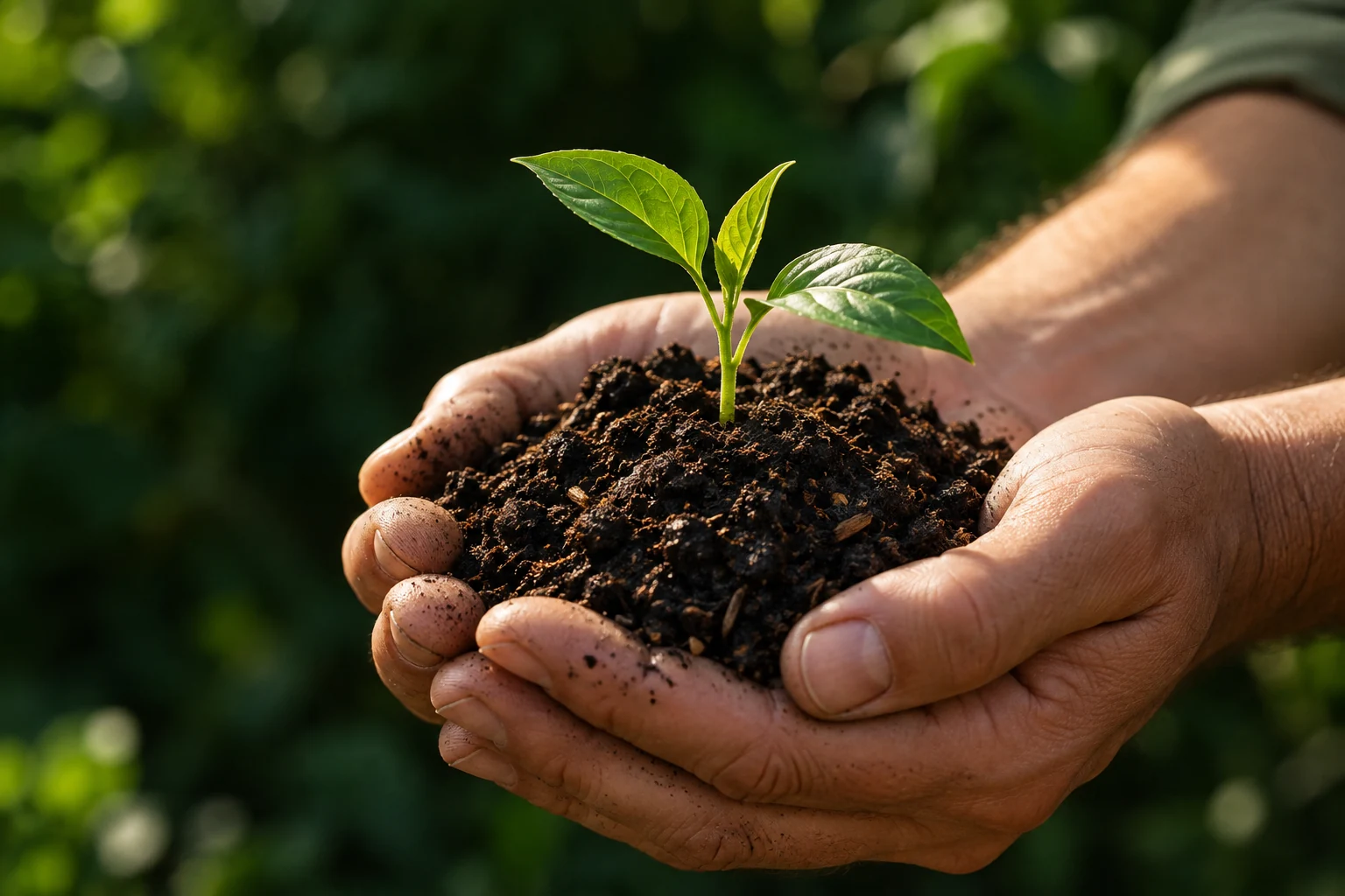 Illustrative image of hands holding dark compost and a green seedling